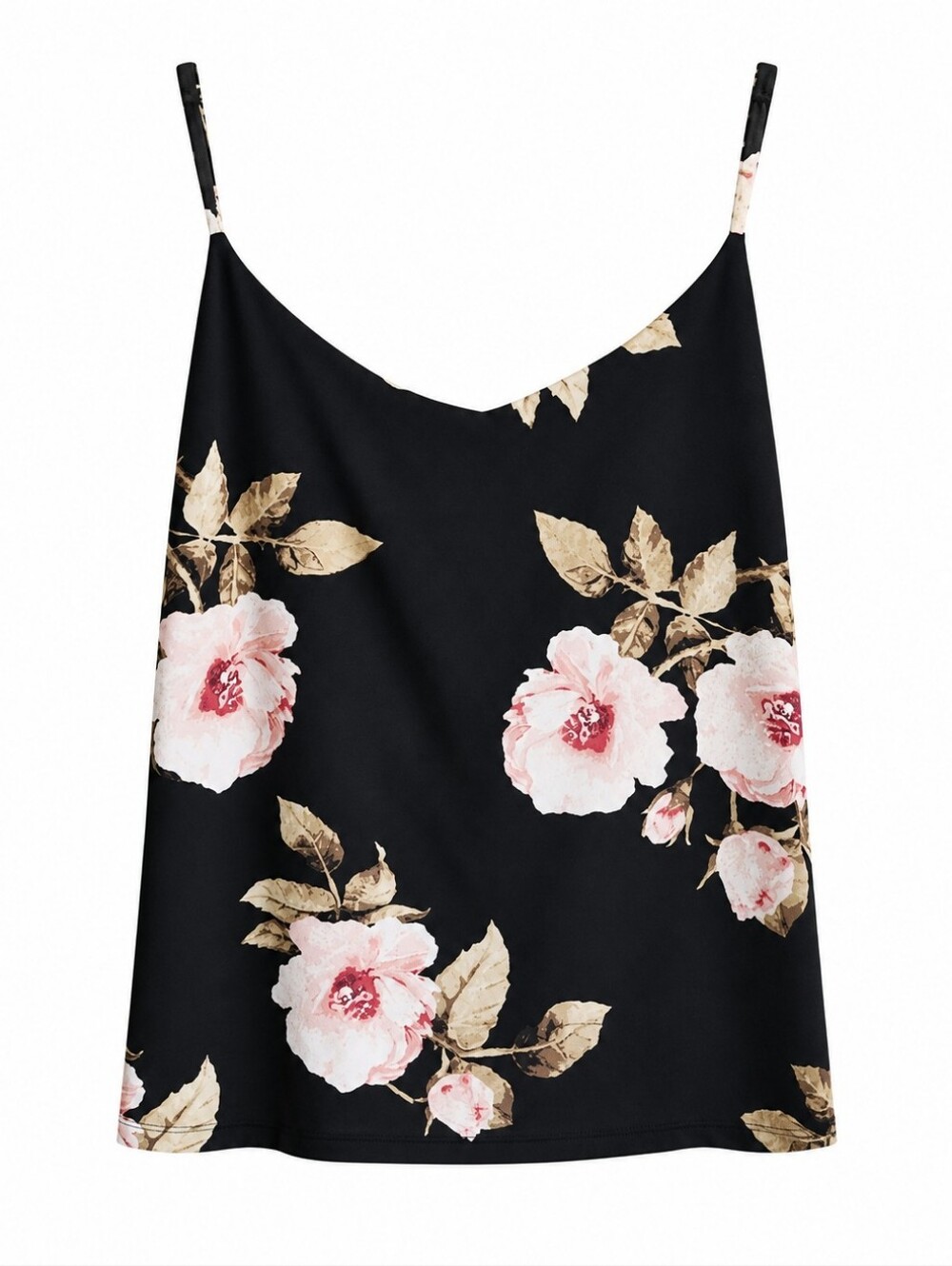 Floral Print Black Cami Top with Pink Roses XXL